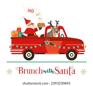 Brunch with Santa Fancy Festive vector flat poster. Cute Santa deliver pancakes in red truck. Fun breakfast Christmas kids enjoy. New Year eve festive menu invitation background cartoon illustration