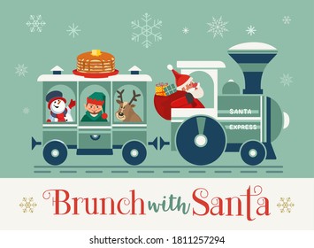 Brunch With Santa Fancy Holiday Vector Flat Poster. Cute Santa Deliver Pancakes In Retro Train Cartoon. Fun Breakfast Christmas Kids Enjoy. New Year Eve Festive Menu Invitation Background Illustration