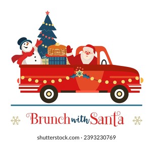 Brunch with Santa Festive Holiday fancy vector poster. Santa deliver pancakes by red truck. Funny breakfast Christmas kids enjoy. New Year eve festive menu invitation background cartoon illustration