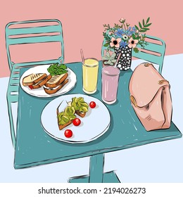 Brunch table. Hand drawing brunch cafe table vector illustration.