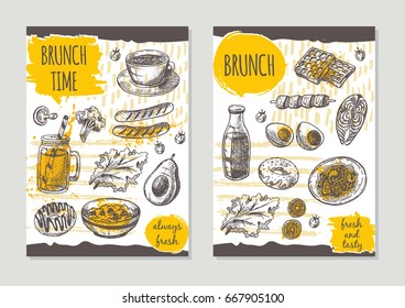Brunch time brochure flyer design Retro background. Hand drawn vector illustration. Can be used for menu, cafe, restaurant, bar, poster, banner, emblem, sticker, placard and other.