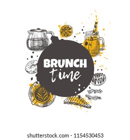 Brunch time concept design. Round circle composition. Hand drawn vector illustration. Can be used for menu, cafe, restaurant, poster, banner, logo, emblem, sticker, placard and other design.