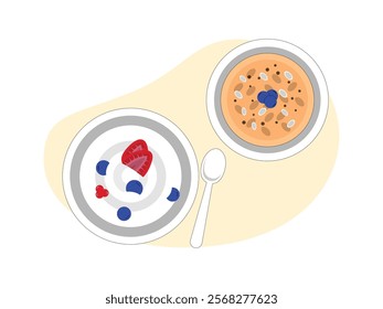 Brunch, yogurt with strawberry and blueberry, another plate is oat with blueberry.
design, vector, illustration