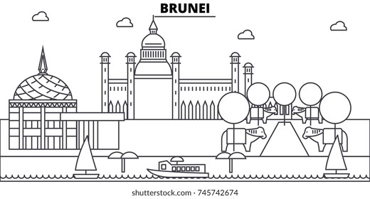 Brunei architecture skyline buildings, silhouette, outline landscape, landmarks. Editable strokes. Urban skyline illustration. Flat design vector, line concept