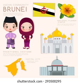 Brunei : Asean Economic Community (AEC) Infographic with Traditional Costume, National Flower and Tourist Attractions : Vector Illustration EPS10