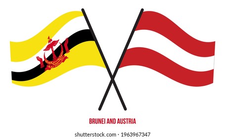 Brunei and Austria Flags Crossed And Waving Flat Style. Official Proportion. Correct Colors.