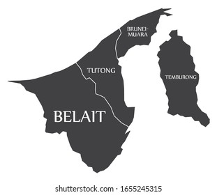 Brunei black map with district labels
