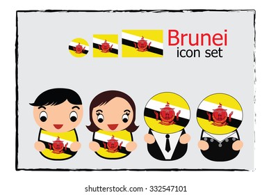 Brunei boy, girl, businessman, business women cartoon vector illustration and Brunei round square and normal flag icon set

