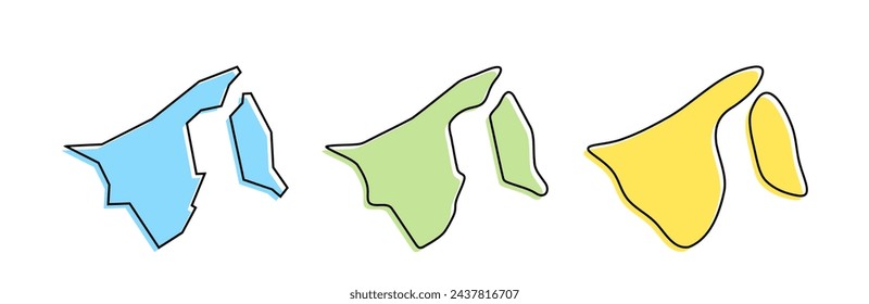 Brunei country black outline and colored country silhouettes in three different levels of smoothness. Simplified maps. Vector icons isolated on white background.