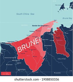 Brunei country detailed editable map with regions cities and towns, roads and railways, geographic sites. Vector EPS-10 file