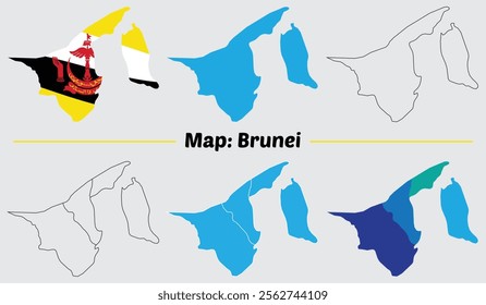 Brunei country map set. internal provinces borders marked, Simple map of Brunei vector drawing, Filled and outline.