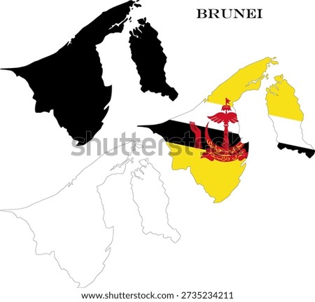 Brunei Country Maps Bundle with National Flag, Black Silhouette and Detailed Outline Contours
