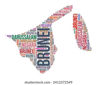 Brunei country shape word cloud. Typography style country illustration. Brunei image in text cloud style. Vector illustration.