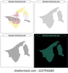 Brunei Darussalam Circular Mosaic Brick Dotted Map, Set of National Flag Color, Black Silhouette Country Boundary Isolated on White Background, Geographic Vector Illustration