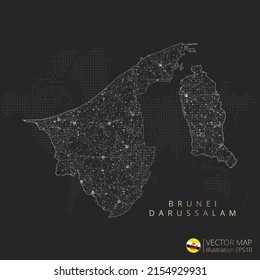Brunei Darussalam kartographiert abstraktes geometrisches polygonales Mesh-Lichtkonzept mit schwarz-weißem, leuchtenden Konturlinien-Ländern und Punkten auf dunklem Hintergrund. Vektorgrafik