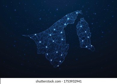 Conexión al mapa de Brunei Darussalam. Resumen Tecnología Digital 3D Mesh Línea de red poligonal, área de diseño, punto y estructura en fondo oscuro. EPS10 de ilustración vectorial.