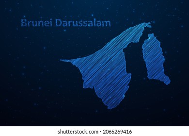 Brunei Darussalam map hand drawn scribble sketch.Vector map in futuristic style on dark blue space background. Vector illustration.