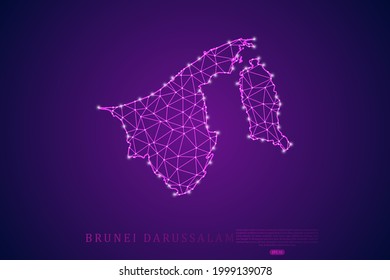 Brunei Darussalam Map mash line and point scales on purple technology background. Wire Frame 3D mesh polygonal network line, design sphere, dot and structure -  Vector illustration eps 10