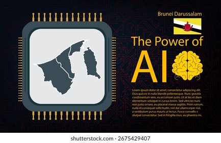 mapa de Brunei Darussalam con guerra de microchips y concepto de IA en placa de circuito, poder de IA con mapa de país. Conectividad global con big data. Diseño para fondos de interfaz de usuario o proyectos FinTech.