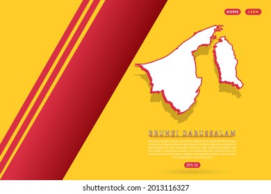 Mapa de Brunei Darussalam - Mapa mundial del vector con estilo isométrico que incluye sombra, color blanco y rojo sobre fondo amarillo para sitio web, infografía, banner - Ilustración vectorial eps 10