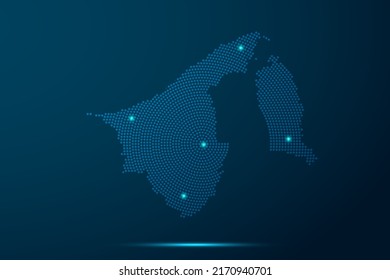 Brunei Darussalam Map - World Map vector template with dots, grid, grunge, halftone style and light, network line, design sphere on blue technology background -  Vector illustration eps 10