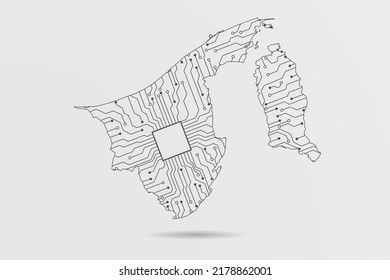 Mapa de Brunei Darussalam - Planilla del vector del mapa mundial con placa de circuitos abstracto futurista Ilustración o línea de mezcla de tecnología de alta tecnología y escalas de puntos sobre fondo blanco - Ilustración del vector ep 10
