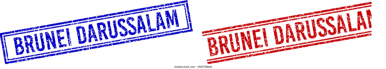 BRUNEI DARUSSALAM rubber imitations with grunge style. Vectors designed with double lines, in blue and red variants. Text placed inside double rectangle frame and parallel lines.