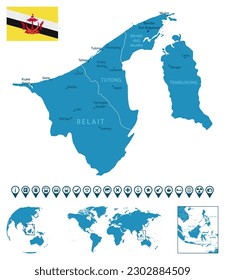 Brunei - detailed blue country map with cities, regions, location on world map and globe. Infographic icons. Vector illustration