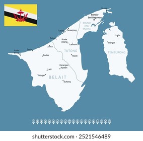 Brunei - detaillierte blaue Landkarte mit Städten und Regionen. Infografik-Symbole. Vektorgrafik