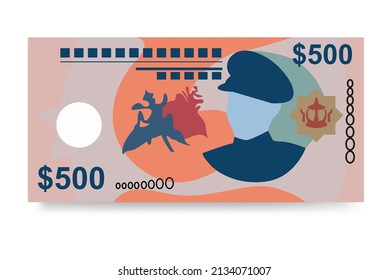 Brunei Dollar Vector Illustration. Brunei money set bundle banknotes. Paper money 500 BND. Flat style. Isolated on white background. Simple minimal design.