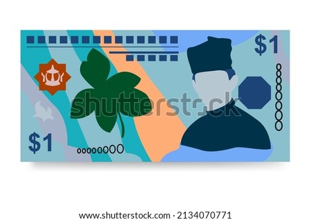 Brunei Dollar Vector Illustration. Brunei money set bundle banknotes. Paper money 1 BND. Flat style. Isolated on white background. Simple minimal design.