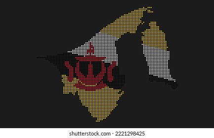 Bandera del mapa de Brunéi con textura gruesa en estilo de punto mosaico. Ilustración de vector píxel abstracto de un mapa de país con efecto de semitono para infografía. 