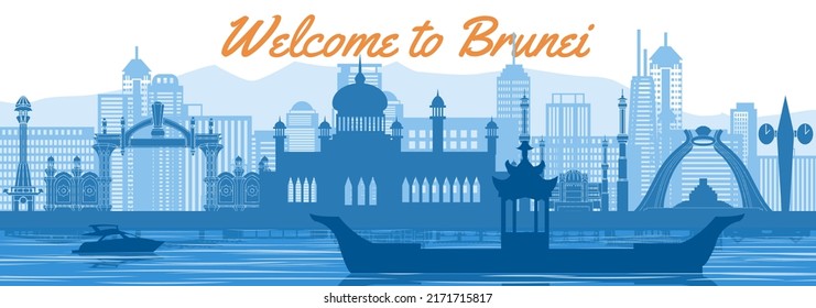 Brunei famous landmark with blue and white color design,vector illustration