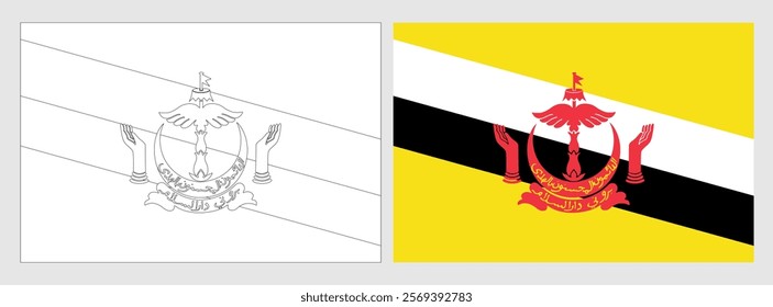 Brunei flag - coloring page. Set of white wireframe thin black outline flag and original colored flag.