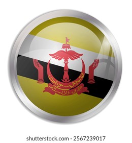 Brunei flag - glossy circle button displays a colorful flag representing a country cultural identity and heritage. The essence of national pride and unity.