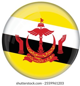 Brunei flag with glossy rounded button for football team and national emblem	