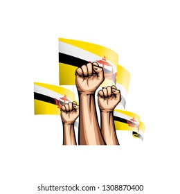 Brunei flag and hand on white background. Vector illustration