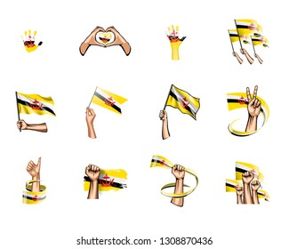 Brunei flag and hand on white background. Vector illustration