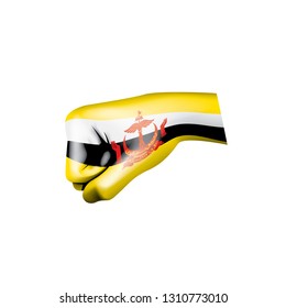 Brunei flag and hand on white background. Vector illustration