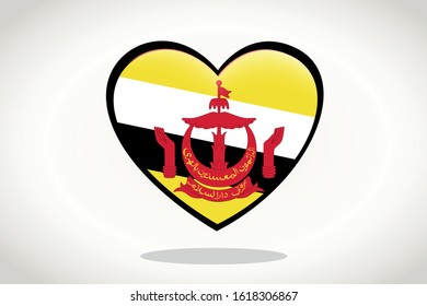 Brunei Flag in Heart Shape. Heart 3d Flag of Brunei, Brunei flag template design.