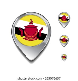 Brunei flag map pointer. 3d Map Pointer with flag glossy button style on gray background
