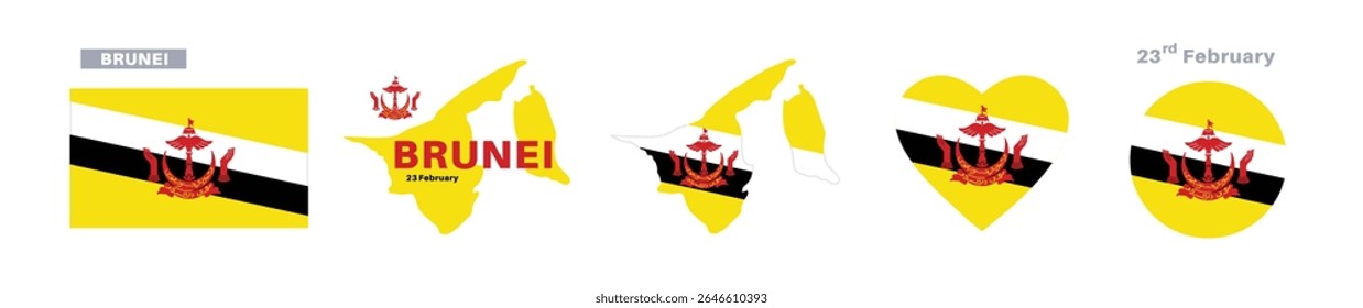  brunei flag and map set. brunei flag in official colors and proportions. independence day 23 february, map, circle and heart shaped brunei