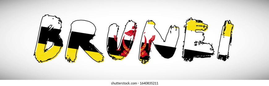 Brunei flag on text typography. Country name banner strip. Modern typography background.