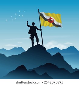 Brunei Flag raised on a mountain peak with clear sky in the background, vector illustration