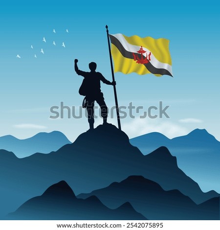 Brunei Flag raised on a mountain peak with clear sky in the background, vector illustration