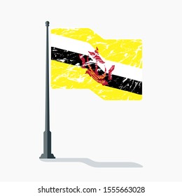 Brunei flag with scratches, vector flag of Brunei waving on flagpole with shadow.