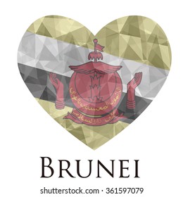 Brunei flag shape heart in geometric rumpled triangular low poly origami style graphic illustration,mosaic polygonal style.Symbol of love to country.Retro or vintage style background.