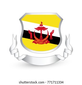 Brunei flag in shield and ribbon. Vector illustration.