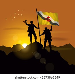 Brunei flag, silhouette of two climbers holding flags at sunset
