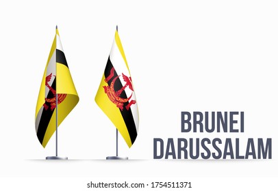 Símbolo del estado de la bandera de Brunéi aislado en una bandera nacional de fondo. Tarjeta de saludo Día de la Independencia Nacional del Estado de Brunei Darussalam. Cartel de ilustración con bandera de estado realista.